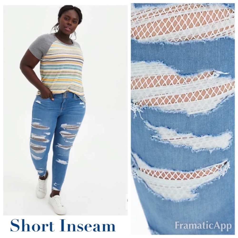 NWT TORRID Jegging - Super Soft W/ Fishnet Medium Wash Hip Hugger SHORT INSEAM